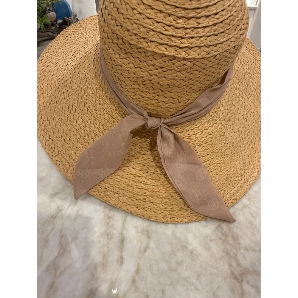 Giani Bernini Women s Woven Wide Brim Sun Hat with Logo Ribbon; Tan; One Size